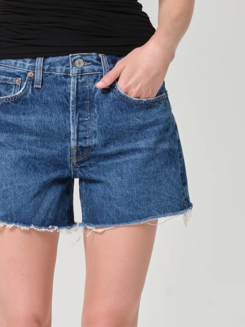 AGOLDE Blue Parker Long Denim Shorts Size 34 Raw Hem Distressed Organic Cotton